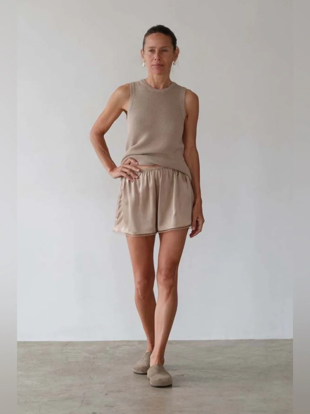 Donni The Silk Lace Tap Trim Pull On Shorts Shitake Brown Tan